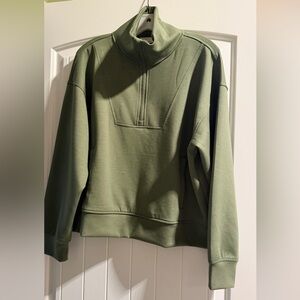 Zenana Sz L Half Zip Pullover Scuba Knit Sweater Top Army Green Front Pockets